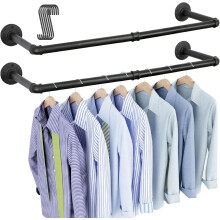 (2 pack) Industrial Pipe Clothes Rack Wall Mounted Heavy Duty Iron Pipe Clothing Garment Rail 92cm