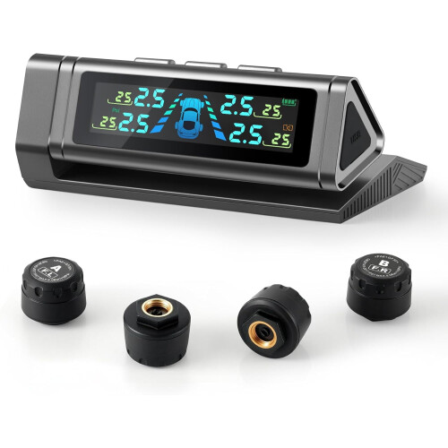 Monitor de pressão de pneus TPMS solar com 4 sensores e cores.