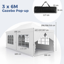 Opklapbare partytent 3 x 6 m, 6 zijwanden, deuren met ritssluiting