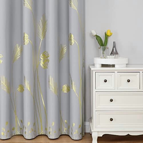 Light Grey Blackout Curtains with Gold Palm Pattern, 1
