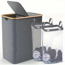 150L Large Laundry Hamper with Lid Foldable Clothes Basket with 2 Removable Bag and Bamboo Handles