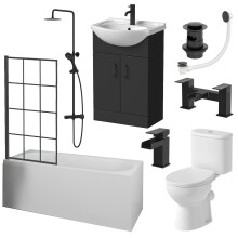 Complete Bathroom Suite 1700mm Single Ended Curved Bath Screen Basin Vanity Toilet Shower Taps Waste