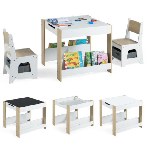 Conjunto de mesa infantil com 2 cadeiras, tampo reversível e espaço para armazenamento.