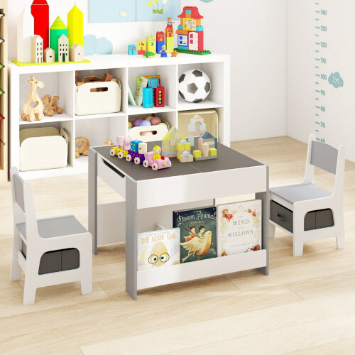 Conjunto de mesa e 2 cadeiras infantis, tampo com quadro-negro e quadro branco, com espaço para armazenamento. 1