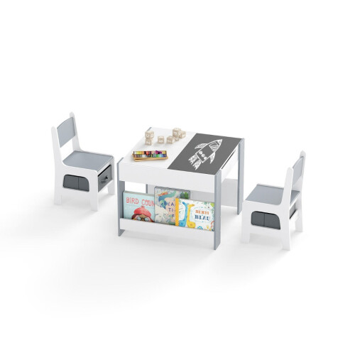Conjunto de mesa e 2 cadeiras infantis, tampo com quadro-negro e quadro branco, com espaço para armazenamento. 2