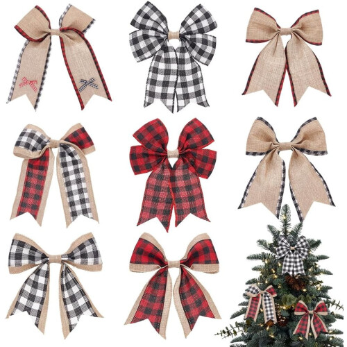 Buffalo Plaid Burlap Bows 8 pcs 7.3x8.9 inch
