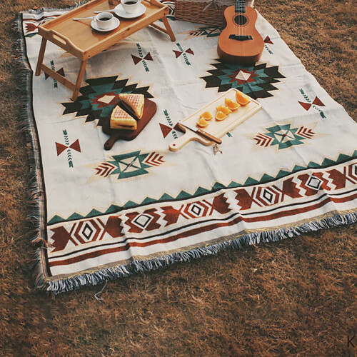 Ethnic-style thick sofa blanket with fringe, 59x35 inch