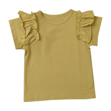 Blusa amarela infantil para menina, com mangas franzidas e gola redonda, tamanhos 5-6.