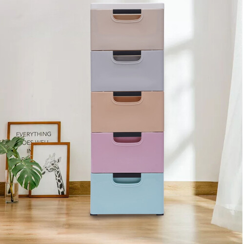 Torre contenitore in plastica con 5 cassetti e 4 rotelle