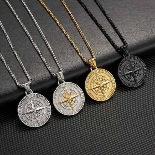 Stainless Steel Compass Pendant Necklace for Men 2