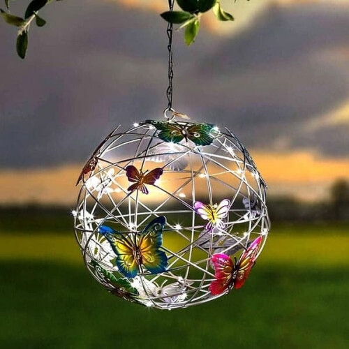 Luminária solar de jardim externa em formato de borboleta com bola suspensa