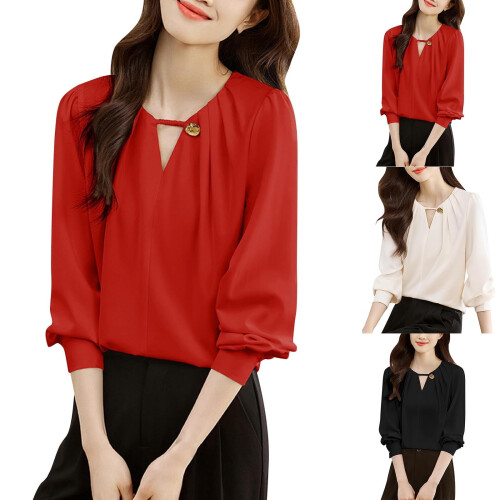 Women's Round Neck Long Sleeve Solid Pleated Tunic Blouse