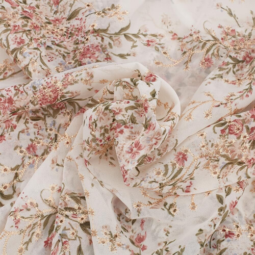 Embroidered Eyelet Chiffon Fabric Rice White 2 Yards