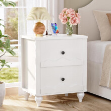 Modern White Wooden Nightstand with 2 Drawers and Power