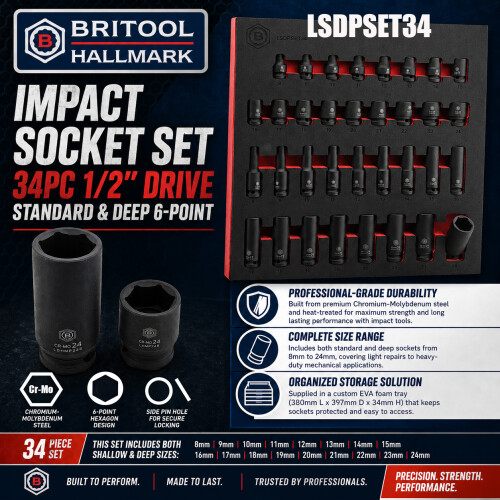 Britool Hallmark 34Pc Impact Socket Set 8-24mm - 1/2" Drive 1