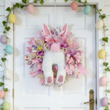 Easter bunny wreath pink floral rabbit door hanging