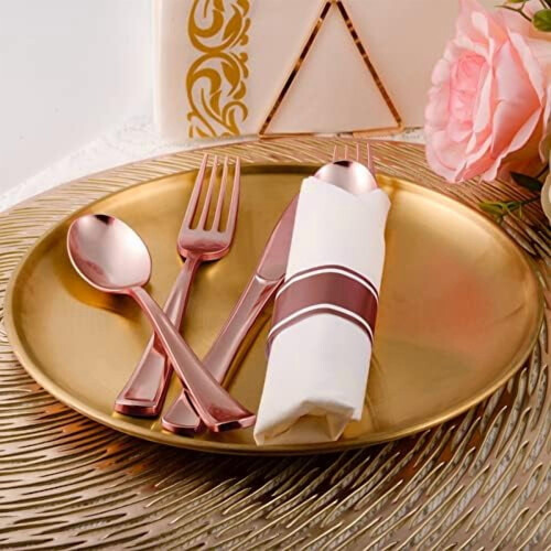 Ensemble de couverts jetables or rose avec serviettes (100 pièces) 2