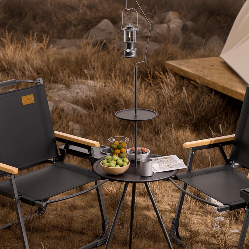 Portable folding round table with double layer and light