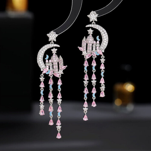 S925 Silver Star Moon Castle Earrings 1 Pair 1