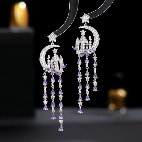 S925 Silver Star Moon Castle Earrings 1 Pair 2