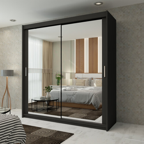 MN Furniture (Black,  90cm) Double Sliding Doors Mirrored Wardrobes