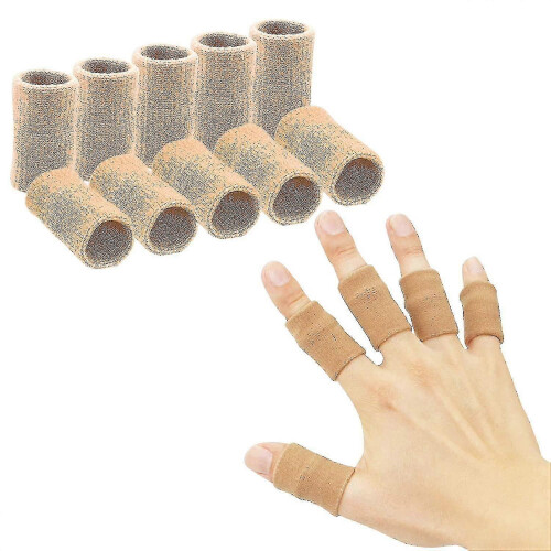 (Light Brown) 10-Pack Finger Sleeves Thumb Splint Elastic Tape Compression Protector Pain Relief