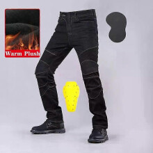 (Black Plush  A, L) Winter Autumn Motorcycle Jeans Plus Thick Plush Windproof Anti-fall Riding Pants With Gear