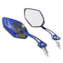 (Blue) Flame 8mm 10mm Rearview Side Mirror For Motorcycle Scooter Moped Bike