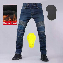 (Blue Plush A, XXL) Winter Autumn Motorcycle Jeans Plus Thick Plush Windproof Anti-fall Riding Pants With Gear