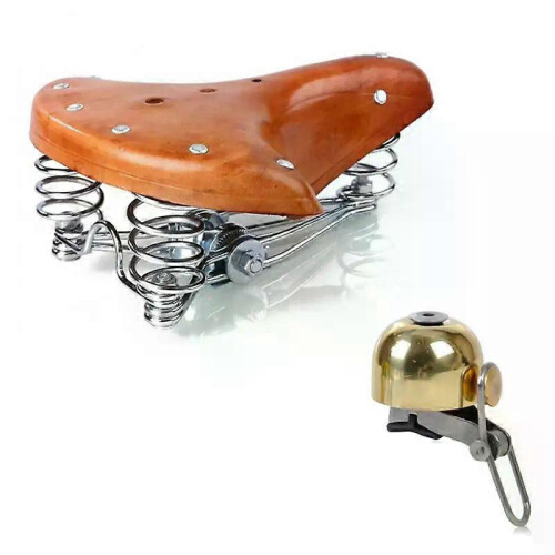 (Set B) Cowhide Leather Retro Vintage Waterproof Three Spring Bicycle Saddle