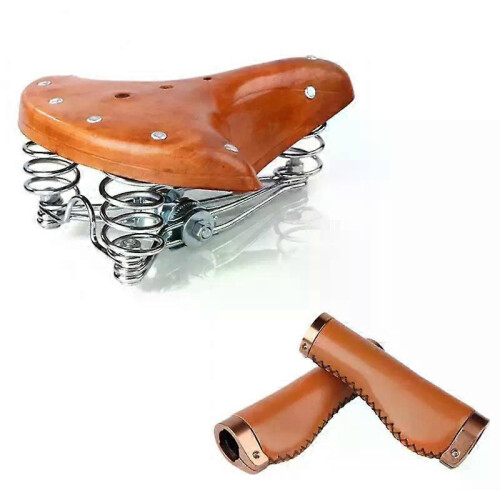 (Set A) Cowhide Leather Retro Vintage Waterproof Three Spring Bicycle Saddle