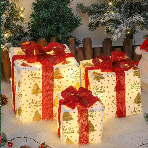 Christmas Decoration Set Pre-Lit Gift Boxes Warm White LED