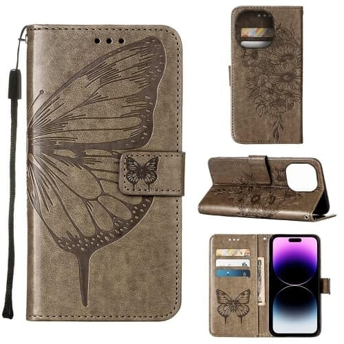 iPhone 14 Pro Max case butterfly print grey