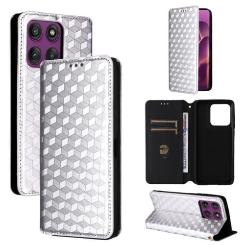 Motorola Edge 60 Pro 5G leather case silver cubic grid