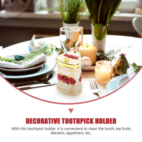 Toothpick Holder Rose Design Kitchen Dispenser Box Golden 2