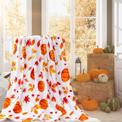 Fall Throw Blanket Autumn Plush Pumpkin Orange Leaf Design 1