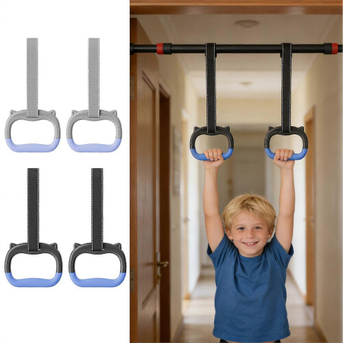 (Gray) Kids Gymnastics Rings 440 Lbs Adjustable Straps for Pull Up Bar Obstacle Course Playground 1