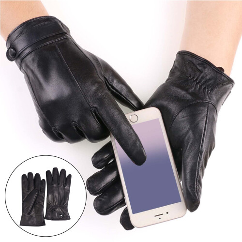 Men's Black Leather Winter Gloves Sheepskin Lined Medium 1