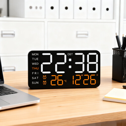 Horloge murale LED à luminosité réglable et grand écran pour