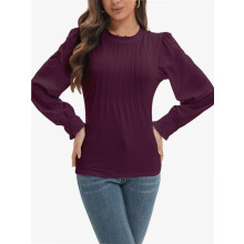 Blusa túnica de mujer para otoño, cuello redondo plisado, manga larga.