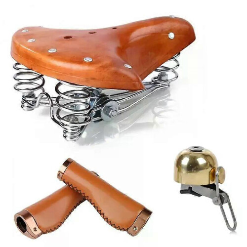 (Set A) Cowhide Leather Retro Vintage Waterproof Three Spring Bicycle Saddle 1