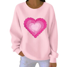 Damen-Sweatshirt mit Herzmotiv zum Valentinstag, gerippt, Rundhalsausschnitt, lang