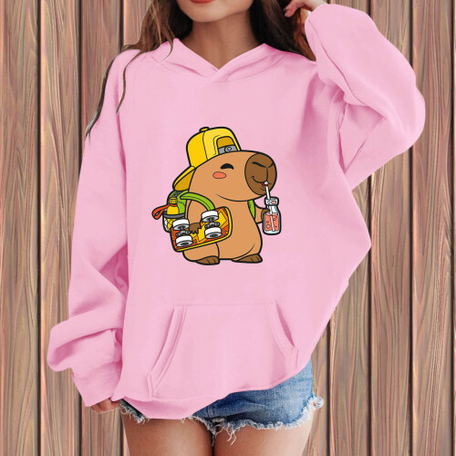 Capybara Print Hoodie Flickor Drop Shoulder Loose 1