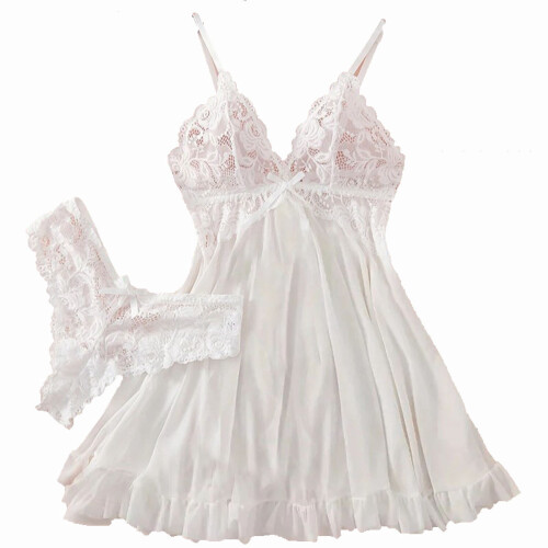 Camicia da notte da donna in pizzo trasparente, bianca, taglia L