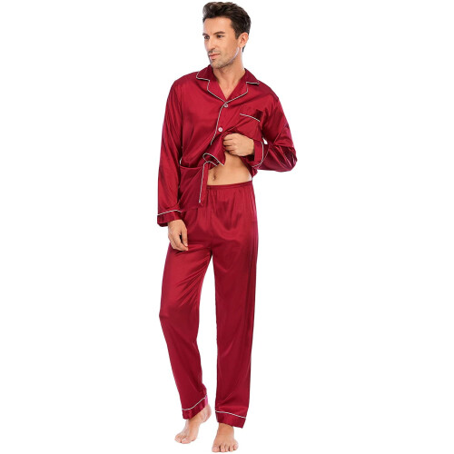 Men's satin pajama set long sleeve solid color 2-piece 1