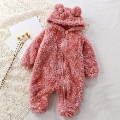 Newborn bear-ear fleece footed romper pink size 90 1