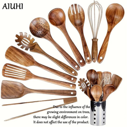 Wooden Kitchen Utensil Set with Holder 1 Pack
