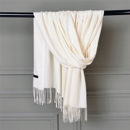 Eșarfă Pashmina pentru femei, șal moale, solid, cu franjuri, alb 1