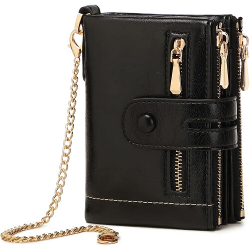 Women's blue leather RFID bifold wallet with wristlet chain