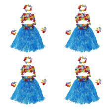24 Set Hawaiian Grass Skirt Flower Hula Lei Wristband Garland Fancy Dress Costume - Blue
